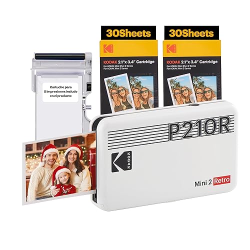 KODAK Mini 2 Retro 4PASS Portable Photo Printer (2.1x3.4 inches) Initial 8 Sheets + 60 Sheets Bundle, White - 2x3 Printer + 68 Sheets - White
