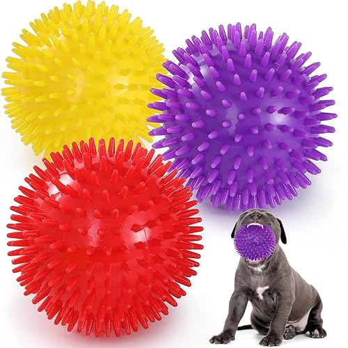 VITEVER 3 Colors 4.5” Heavy Duty Squeaky Dog Toy Balls for Medium Large Dogs, Dog Chew Toys for Teething, Spiky Dog Balls for Aggressive Chewers, Durable Dog Toys for Teeth Cleaning and Training - Large Set of 3