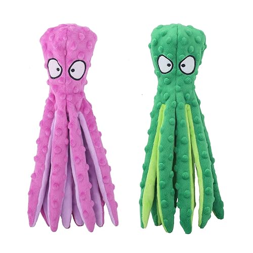CPYOSN Dog Squeaky Toys Octopus - No Stuffing Crinkle Plush Dog Toys for Puppy Teething, Durable Interactive Dog Chew Toys for Small, Medium and Large Dogs Training and Reduce Boredom, 2 Pack - Purple+Green