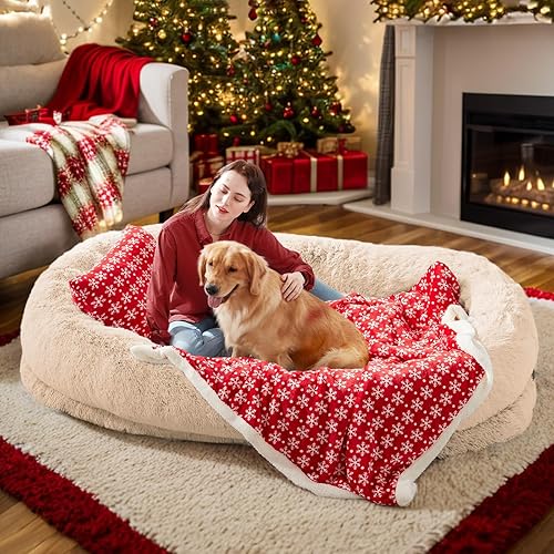 Human Dog Bed, 71''x45''x12'' Size Fits You and Pets, Washable Faux Fur Dog Bed for People Doze Off, Christmas Napping Orthopedic Dog Bed, Present Plump Pillow, Blanket, Strap - Beige