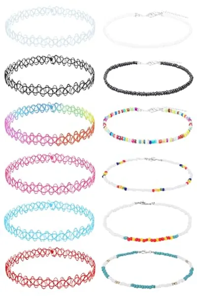 BodyJ4You 12PC Tattoo Choker Necklace Set - 90s Accessories 80s Old School 2000s Jewelry - Pink Blue Green Colorful Rainbow Gothic Black - One Size Women Teen Girl - Stretchy Multicolor Collar