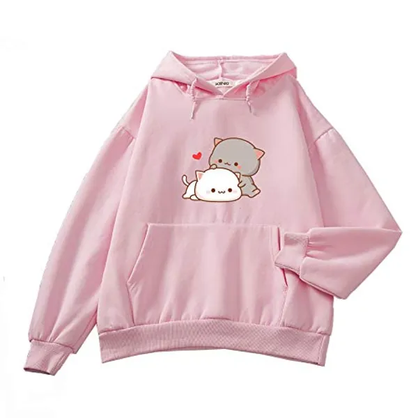 Women Kawaii Cartoon Cute Cat Graphic Casual Cotton Pullover Hoodies Sweatshirt