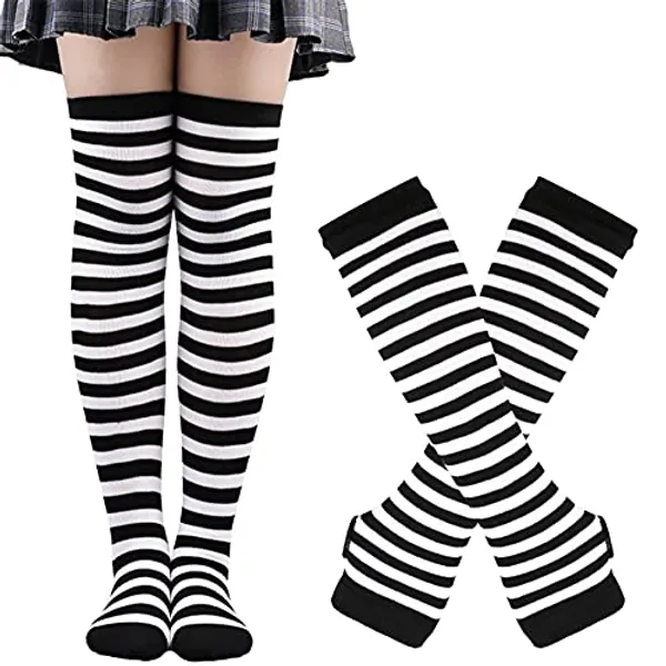Colorful House Striped Arm Warmer Fingerless Thumb Hole Mittens Gloves Knee High Socks Sets
