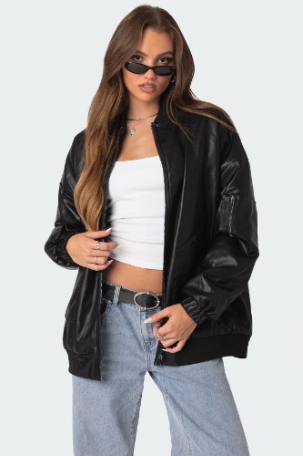 Faux Leather Oversized Bomber Jacket 