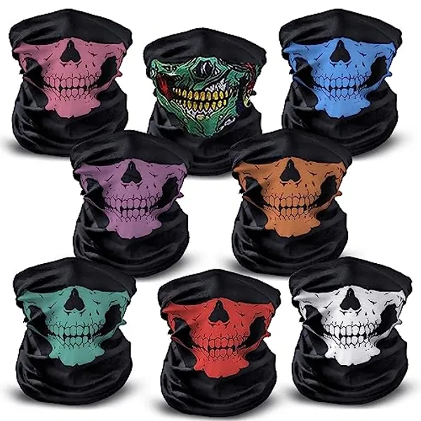 8 Pcs Skull Face Mask Balaclava Ghost Biker Bandana Motorcycle Headband Magic Scarf Dust proof Neck Warmer Winter Face Tube for Outdoor Sports