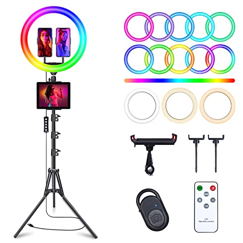 12" Selfie Ring Light with 63" Tripod Stand & 3 Phone Holder, LED Camera Ringlight with 48 RGB Colors Modes & Musical Rhythm Mode and 12 Brightness Dimmable for Makeup/Photography/Videos/Vlog/TikTok - 12" Musical Version