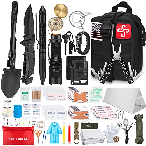 238Pcs Emergency Survival Kit and First Aid Kit, Professional Survival Gear Tool with Tactical Molle Pouch and Emergency Tent for Earthquake, Outdoor Adventure, Camping, Hiking, Hunting - B-Black(Included Shovel)