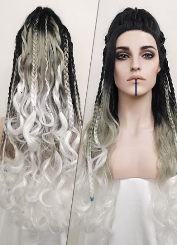 Critical Role Yasha Nydoorin Black Grey White Ombre Braided Lace Front Synthetic Wig LF2121 | Black Grey White Ombre