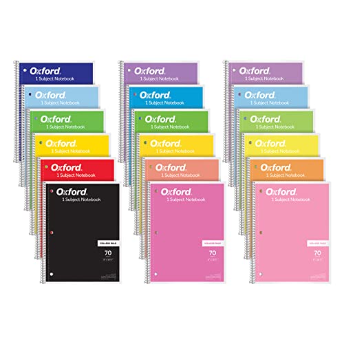 Oxford Spiral Notebook 18 Pack, 1 Subject, College Ruled Paper, 8 x 10-1/2 Inches, Assorted Colors, 70 Sheets (65206)