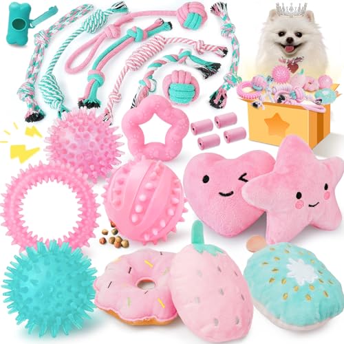XIUGOAL Pink Puppy Toys for Boredom - 23 Pack Puppy Chew Toys for Teething, Interactive Dog Toys for puppies, Cute Small Dog Toys with Treat Ball, Squeaky Dog Chew Toys and Ropes - A - 23 Pack