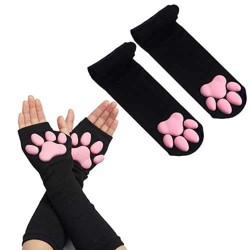 Cat Paw Thigh High Socks Golves, Cute Soft 3D Toe Beans Socks Mittens Kitten Claw Pad Socks for Girl Women Cosplay Set… - Black Socks and Long Gloves