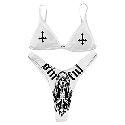 AIBEARTY Women's Skull Letter Printed Two Piece Swimsuit High Cut Triangle Bikini Set for Party Festival Halloween - Small - White