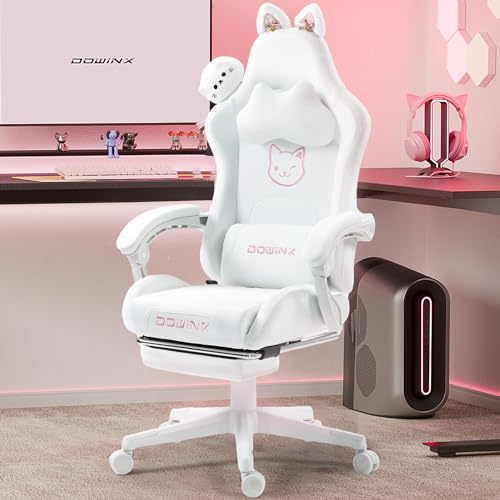 Dowinx Gaming Chair Cute with Cat Ears and Massage Lumbar Support, Ergonomic Computer Chair for Girl with Footrest and Headrest, Comfortable Reclining Game Chair 290lbs for Adult, Teen, White - White