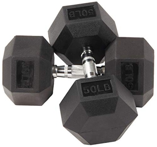 BalanceFrom Rubber Coated Hex Dumbbell Weight Set and Storage Rack, Multiple Packages - J. 50lbs, Pair