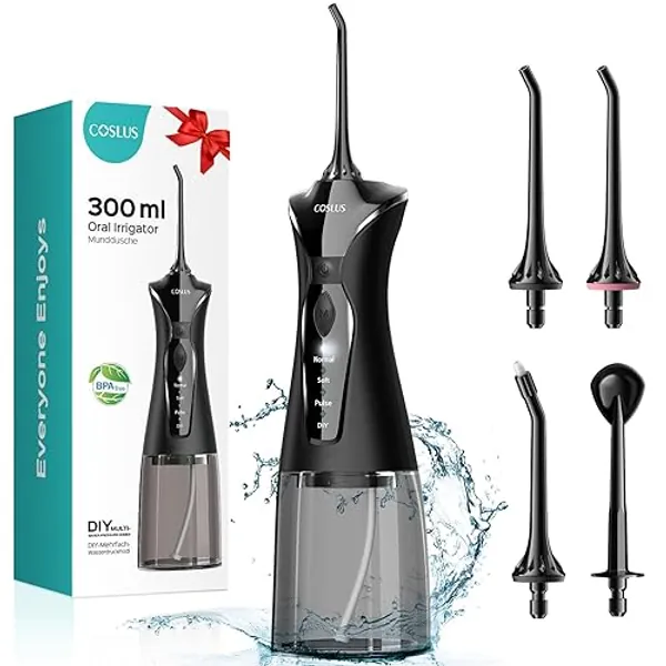 COSLUS Water Dental Flosser Pick for Teeth: 4 Modes Cordless Portable 300ML Larger Tank Water Teeth Cleaner IPX7 Waterproof Flossing Cleaning Picks for Home Travel FC5360 - Black
