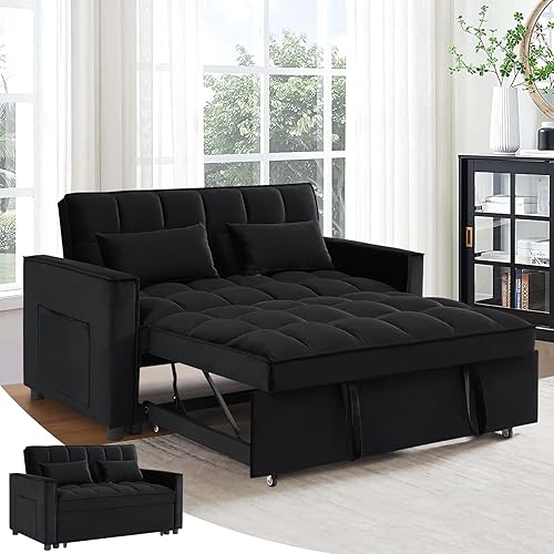 Antetek 3 in 1 Convertible Sleeper Sofa Bed, Modern Velvet Loveseat Futon Couch w/Pullout Bed, Small Love Seat Lounge Sofa w/Reclining Backrest, Toss Pillows, Pockets, Furniture for Living Room, Black - Black