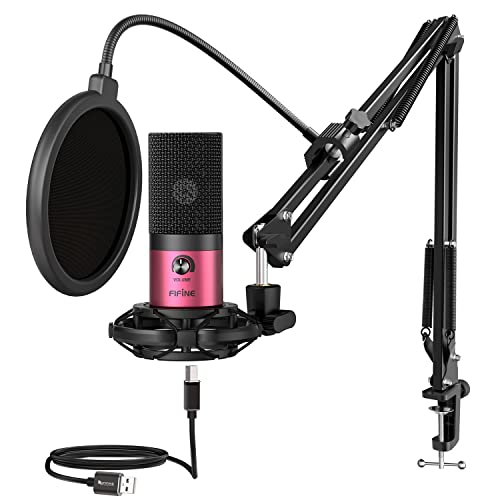 FIFINE Podcast Microphone Kit-USB PC Computer Recording Microphone, Condenser Mic Set for Streaming, Gaming, Voice-Over, Meeting, with Arm Stand, Shock Mount, Pop Filter-T669 Rose Red - Rose Red