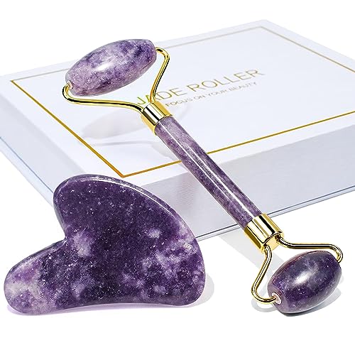 BAIMEI Jade Roller & Gua Sha Set Face Roller and Gua Sha Facial Tools for Skin Care Routine and Puffiness - Purple - Purple
