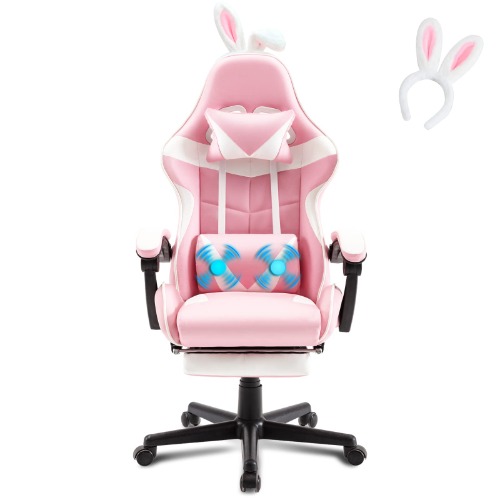 Soontrans Chaise Gaming Racing Chaise Gaming Massante, Siege Gaming avec Soutien Lombaire Massage et Appui-tête et Serre-tête et Repose pied, Fauteuil Gaming pour Youtube Livestream Playstation (Rose)