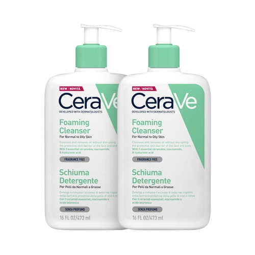 CeraVe Gel Moussant | 2 x 473ml | Gel Nettoyant Visage Purifiant à l'Acide Hyaluronique et au Niacinamide pour Peau Normale, Peau Grasse et Sujette aux problèmes d'Acné