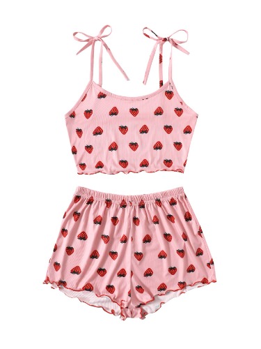 SweatyRocks Women's Summer Strawberry Print Cami Top and Shorts Sleepwear Pajamas Set - Small Strawberry Pink