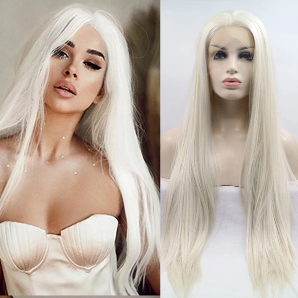 Xiweiya Pruik Lange Zijdeachtige Steil Haar Pruiken Wit Blond Synthetische 12 * 1 T Lace Front Pruiken Middendeel Hittebestendige Haar Natuurlijke Haarlijn Cosplay Pruiken