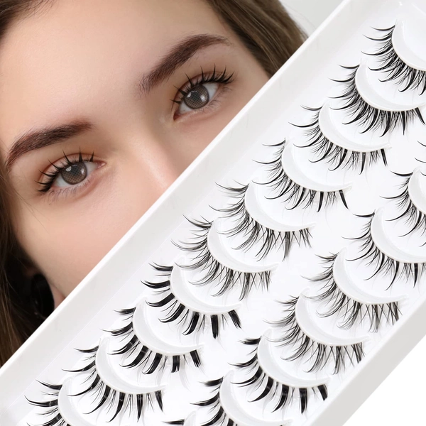 EMEDA 10 Paar Manga Wimpers Valse Wimpers Natuurlijke Look 5 Style Natuurlijke Kunstwimpers Duidelijke Band Valse Oogwimpers Zacht En Kort Herbruikbaar Nep Wimpers Manga Lashes (Manga Mix)
