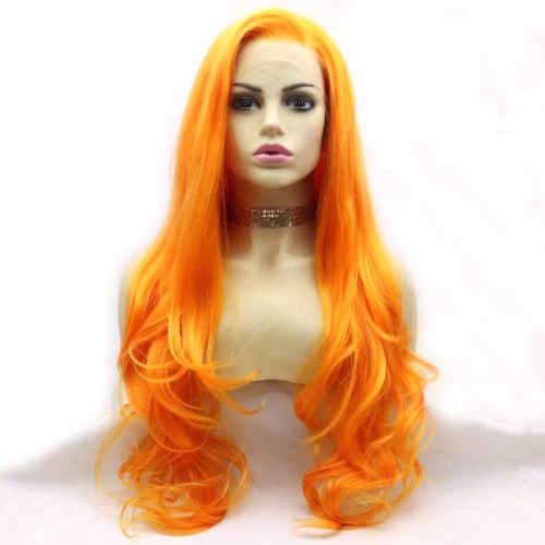 xiweiya Lange heldere oranje golvende synthetische lace front pruik HD kant geel oranje haar met hittebestendige vezel haar vervanging pruik zacht haar pruik middendeel pruik voor vrouwen cosplay 61
