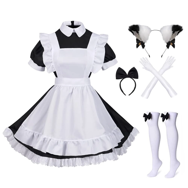 Alaiyaky Maid Dress Cosplay anime-set, schattige meid-outfit met kattenoren, haarband, handschoenen, kousen, klassiek café meid-kostuum, French Maid jurk voor carnaval, Halloween, maskerade
