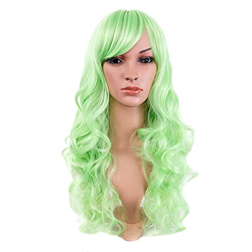 BERON 24" Light Green Wigs Wome's Long Cury Wigs with Side Bangs Full Hair Synthetic Cosplay Party Wig (Light Green)