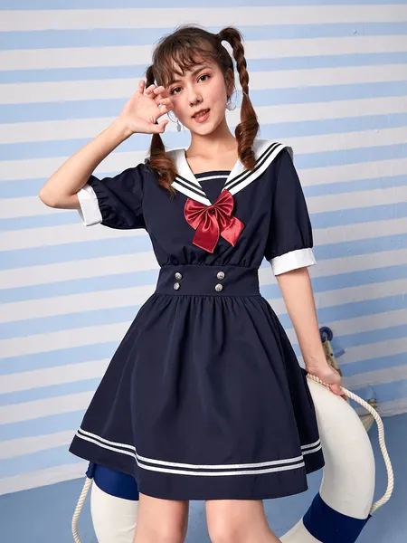 ROMWE Kawaii Sailor Collar Bow Front Striped Trim Dress