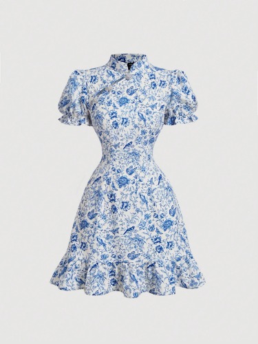 SHEIN MOD Women's Blue & White Printed Retro Chinese Qipao Dress With Ruffled Hem,Summer Women Dresses