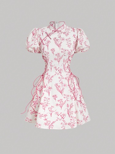 SHEIN MOD With Cinched Waist Women's  Floral Chinese Style Puff Sleeve Short Dress,Work Dress,Shapewear Dress