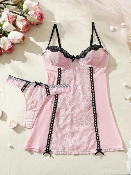 SHEIN Ladies' Sexy Lace Splice Lingerie Set