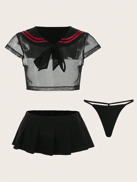 ROMWE J-Fashion Sailor Collar Mesh Lingerie Set & Skirt