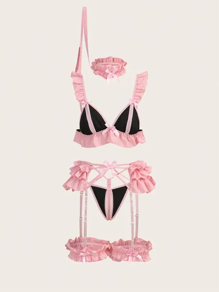 ROMWE Kawaii Women's Ruffled Contrast Color Sexy Lingerie Set