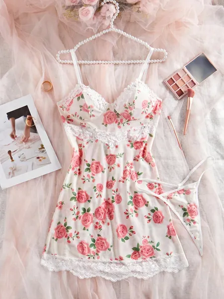 SHEIN Women's Floral Print Lace Patchwork Sexy Lingerie Slip Dress And Thong Set