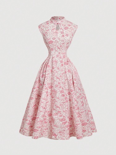 SHEIN MOD New Chinese Style Blue Floral Dress With Buckle Decoration, Teacher Dress, Autumn Dress, Back To School Clothing,Homecoming Dresses,Homecoming Dresses,Date Night Dress,Blue Women Dresses