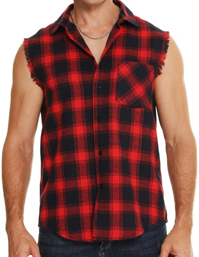kuboyee Men's Sleeveless Plaid Flannel Shirt Front Pocket Button Down Casual Street Vest Shirts - Red Medium