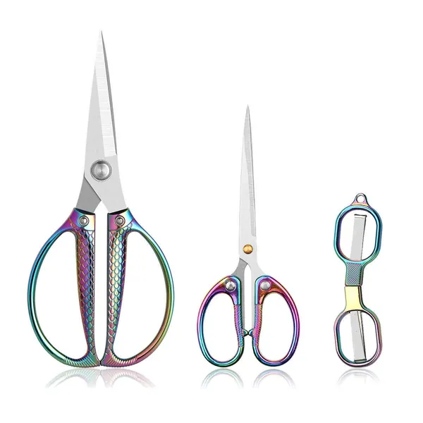Jasni Fish pattern Powerful kitchen scissors Heavy Duty Multi-Purpose Color Titanium Coating Forged Stainless Steel Shears Student Office Home scissors Folding Fishing scissors (3PCS scissors) - Set scissors 3pc