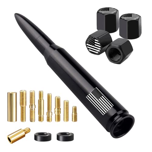 American Flag Car Truck Antenna with Valve Stem Caps, Universal Antenna Mast for GM Chevy Silverado 1500 2500 3500 HD Avalanche Ford F150 F250 F350 Denali Heavy Duty Pickup Trucks Accessories (Black) - Black - 5.5 inch