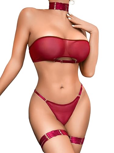 Kaei&Shi Sheer Mesh Lingerie Set, Sexy Bra And Panty 4PC, Strapless Choker - Burgundy - 12-14