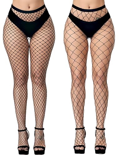 E-Laurels Womens High Waist Patterned Fishnet Tights Suspenders Pantyhose Thigh High Stockings Black - Black Fishnet Tights L+xl