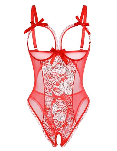 ADOME Lingerie for Women Sexy Teddy One Piece Lace Babydoll Bodysuit - X-Large - Red