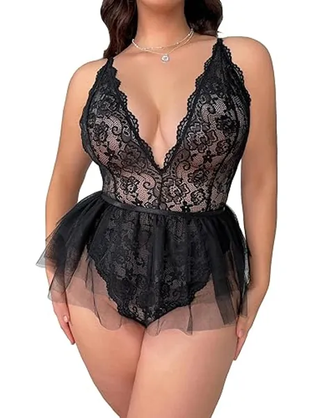 SHENHE Women's Plus Size Floral Lace Deep V Neck Teddy Lingerie Bodysuit and Mesh Skirt Set
