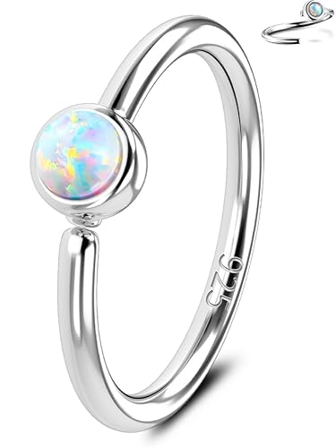 OUFER 925 Sterling Silver Nose Rings Hoops, White Opal Nose Rings, Seamless Continuous Open Nose Hoops, Nose Piercing Jewelry for Women Men - White Gem