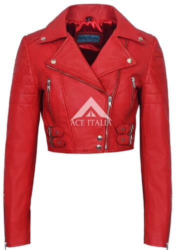 Ladies Leather Jacket Red Cropped Fashion Fitted Red Biker Style NAPA JACKET 