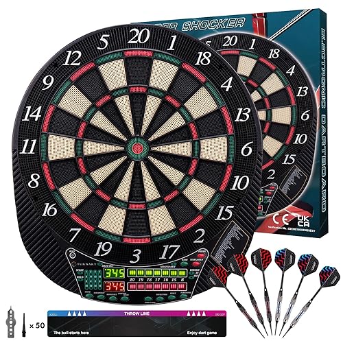 Electronic Dart Board - Dart Board Electronic Scoreboard for 16 Players - 6 Darts Plastic Tips 50 Soft Tips LED Display Power Adapter Throw Line