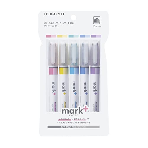 KOKUYO Mark+ Two Colors Highlighter of Similar Shades, 5-Pack of Pink, Blue, Green, Purple, and Yellow, Japan Import (PM-MT100-5S)