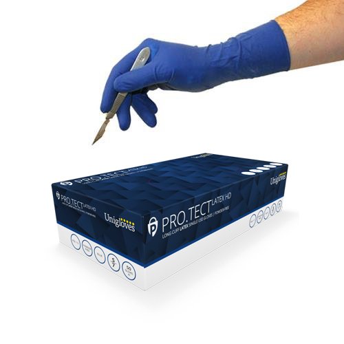Unigloves ProTect Disposable Long Cuff Blue Latex Powder Free Gloves (Small)